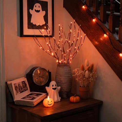 AMARS 2 Pack Halloween Lighted Branches Lights Decorations, Battery Operated, Twig Willow Decorative Orange Red LED Branch for Vase, Indoor, Fireplace, Porch, Party