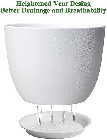 UOUZ 12inch Large Plant Pot, Modern Plastic Planter with High Driange Holes and Saucer for Indoor Outdoor Garden Plants and Flowers, White