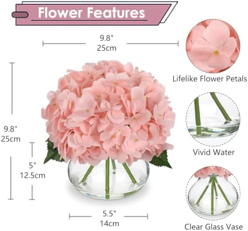 Hollyone Real Touch Hydrangea with Glass Vase Pink Full Latex Hydrangeas Artificial Flowers in Vase Lifelike Bouquets Floral Arrangements with Faux Water for Wedding Table Centerpiece Indoor Decor