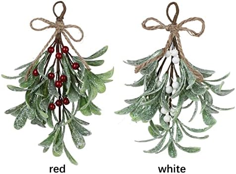 9.1inch Artificial Hanging Mistletoe, Artificial Mistletoe Picks Christmas Mistletoe Ornament with White Bow, Mistletoe Glitter Hanging for Couple Home Party Decor(#2)