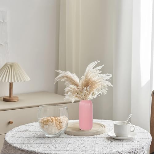 Ceramic Vase for Flowers – Modern Small Ribbed Textured Flower Vase for Home Decor, Pampas Grass, Decorative, Farmhouse, Coffee Table, Kitchen Centerpieces, Bookshelf and Home Living (Pink)