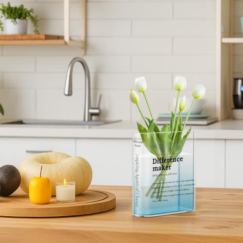 BuyCard Clear Acrylic Book Vase for Flowers, Transparent Book Flower Vase for Home Decor, Simplicity Bookshelf Decor, Unique Stuff for Book Lovers, Difference Maker, Gift to Motivate (Blue)