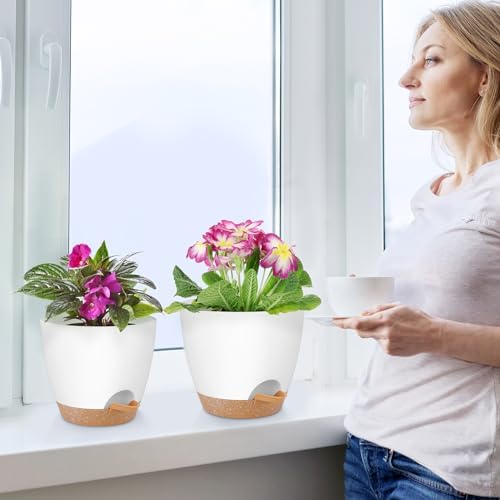 QRRICA Plant Pots 8/7/6.5/6/5.5/5 Inch Self Watering Pots, Set of 6 Plastic Planters with Drainage Holes and Saucers,Plastic Flower Pots,Nursery Planting Pot for Indoor Out Door Plants（White）
