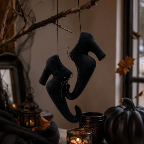 Halloween Witch Shoes Hanging Ornament 3D Witch Boot Decor with 24Pcs Bats