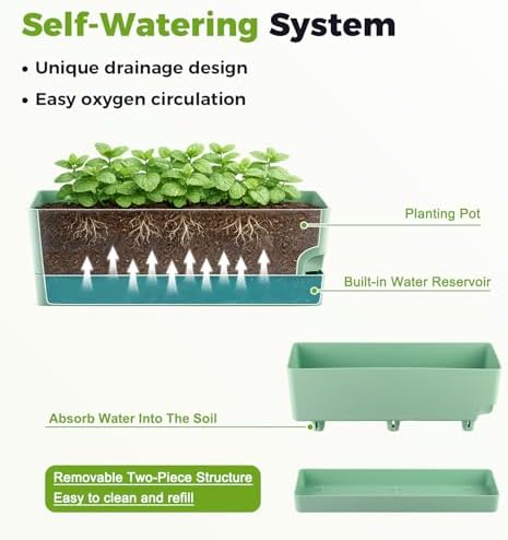 4 Pack Self Watering Pots for Indoor Plants 17 Inches Window Boxes Planters Rectangular Flower Pots Rectangle Herb Pots Large Plant Pots with Drainage Holes and Saucers Windowsill Planter, Green