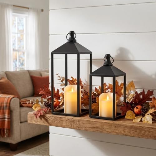 2 Pcs Black Decorative Metal Lanterns Farmhouse Lantern Decor with Candles