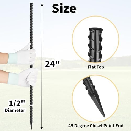 Besitu 24 Inches Straight Rebar Stakes(20-Pack), 1/2" Diameter Steel Metal Stakes for Garden with Chisel Point End Heavy Duty Ground Anchors for Landscape, Concrete Form, Camping & Trapping Black