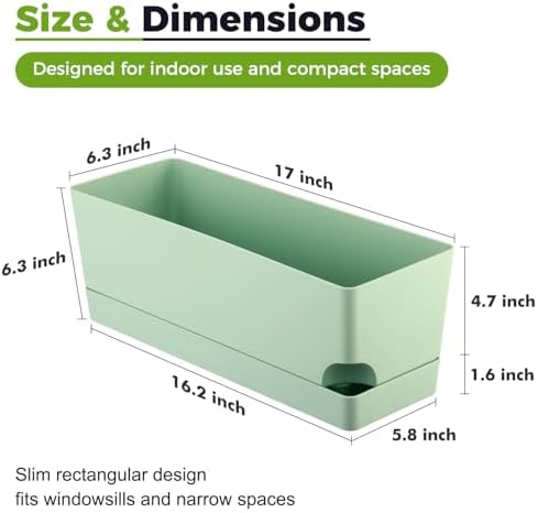 4 Pack Self Watering Pots for Indoor Plants 17 Inches Window Boxes Planters Rectangular Flower Pots Rectangle Herb Pots Large Plant Pots with Drainage Holes and Saucers Windowsill Planter, Green