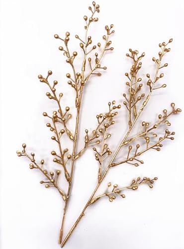 Artificial Golden Berry Stem Decorations, Fake Bead Sticks Picks Plastic Plants for Home Party Christmas Berries Stems Tree Ornaments Wreath Crafts DIY Gift Wedding Bouquet Xmas Decor Gold 6 Pcs