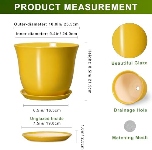 Ceramic Planter - 10 Inch Plant Pot for Indoor Outdoor, Round Flower Pots with Drainage Hole and Saucer, Large Plant Pot, Modern Planters, Home Room Decor, Gifts for Plants Lovers, Yellow