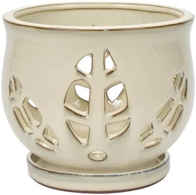 W&W Orchid Pot with Holes and Saucer for Repotting and Better Grow, Cream White, 6.5"