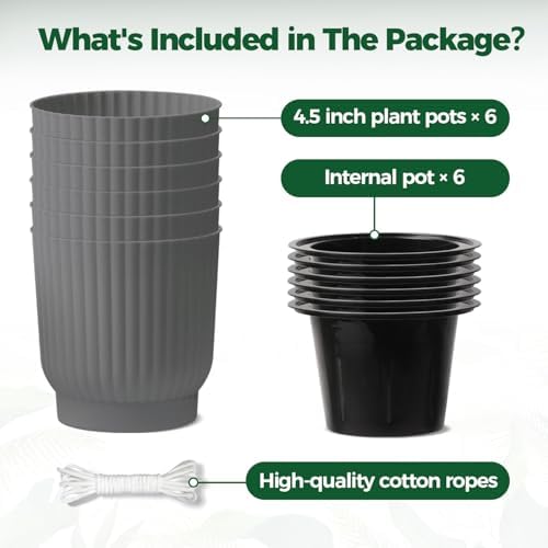 T4U Self Watering Pots for Indoor Plants, 4.5 Inch 6 Pack Planter Gray