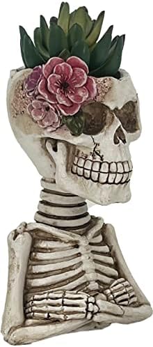 Skull Fake Plants Statue Decorations, Planter Pots with Artificial Succulents, Faux Indoor Plants for Home Decor, Desk Ornament, Handmade Resin Skeleton Statue, Unique for Women