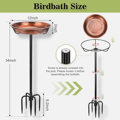 Gtongoko Metal Bird Bath for Outdoors, 34" Tall Bird Bath with 12" Removable Bowl, Heavy Duty 5-Prong Stable Base, Easy-to-Clean Heavy Duty Birdbath & Bird Feeder for Garden, Patio, Yard