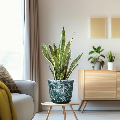 8 Inch Plant Pot - Ceramic Planter with Drainage Hole and Saucer, Round Planter for Indoor Outdoor, Modern Planters, Decorative Flower Pots, Office Room Home Decor, Plant Lover Gifts, Green