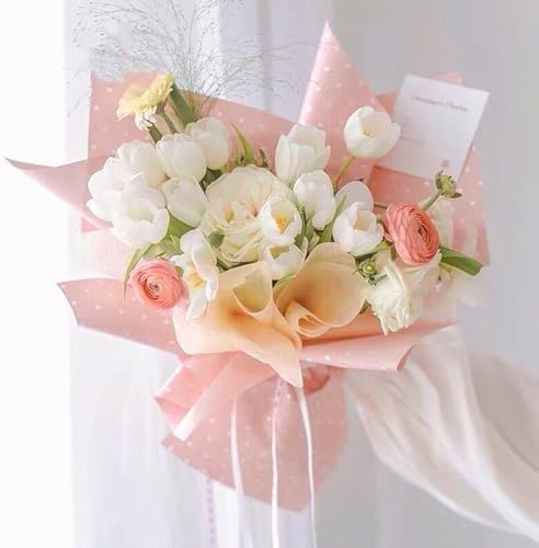 WRAPAHOLIC 20 Sheets Flower Wrapping Paper - 22.4 x 22.4 inch Pink and White Polka Dots Water-Resistant Floral Bouquet Wrapping Paper, Florist Supplies Packaging for Wedding Birthday Gift DIY