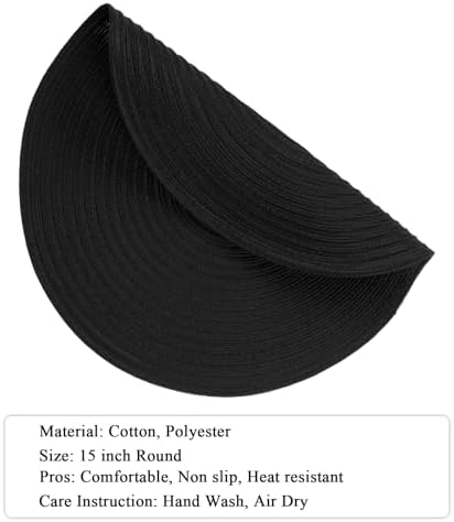 SHACOS Round Braided Placemats Set of 6 Cotton Polyester Heavy Duty 15 inch Round Table Mats Washable Heat Resistant Place Mats (Black, 6)