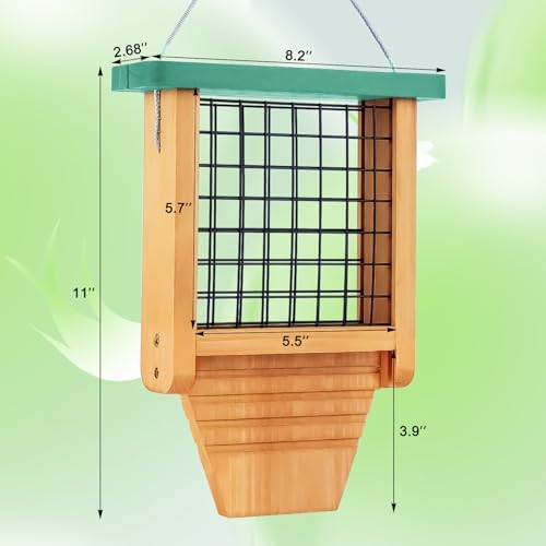 Gbekery Wooden Suet Feeder with Tail Prop for Outside Hanging, Green Roof