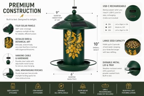 AVINEL Solar Lantern Bird Feeder – Solar-Powered Outdoor Hanging Wild Bird Feeder with Decorative Garden Lantern Design (Moss Green, Cardinal/Dogwood)