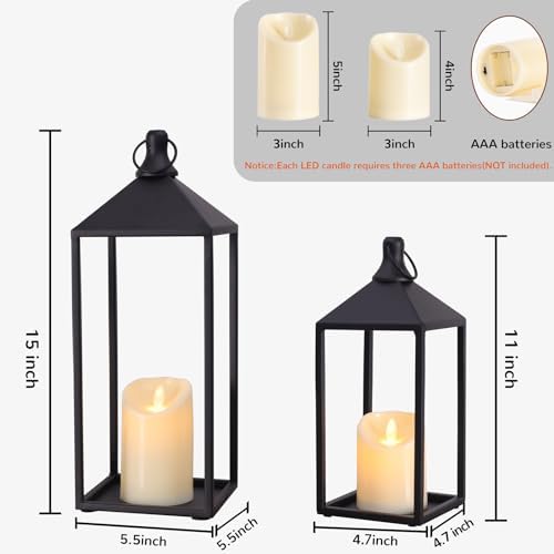 2 Pcs Black Decorative Metal Lanterns Farmhouse Lantern Decor with Candles