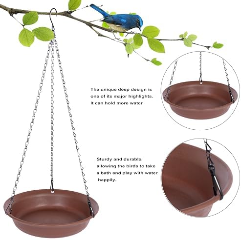 VUWEZ Hanging Bird Bath, Hanging Bird Water Feeder for Outdoors, Feeder Bowl, 1 Pack Birdbath Tray Accessories for Outside, Plastic Birdbaths Tray for Garden Patio Decoration (12", Chocolate)