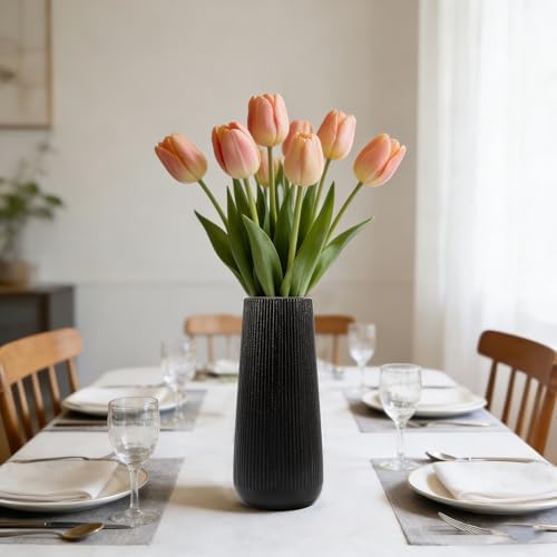 7.8''H Ceramic Vase, Pampas Grass Vase, Ribbed Modern Decor, Matte Black