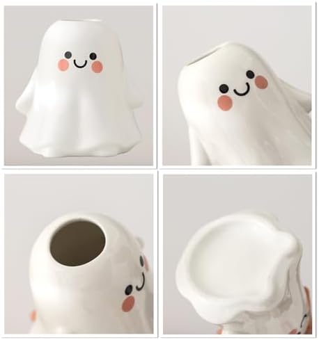 Cute Ghost Vase Ceramic Ghost Bucket Vase, H 5.9" Halloween Vases Ceramic Ghosts Decor for Home Table Desk Bedroom Halloween Decorations, Ceramic Vases for Flowers (B-Bright Surface)