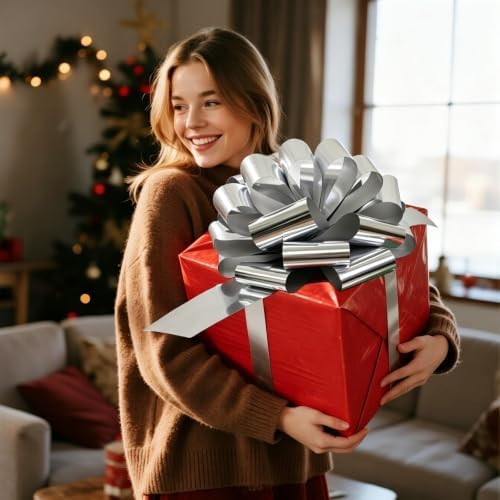 Big Gift Bow 12 inch Silver Bow for Gift Bitthday Holiday Party Decor 1Pack