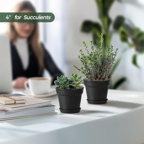 T4U 7.5 Inch Plant Pots 6 Pcs, Flower Pots for Indoor Plants Plastic Pots for Plants with Drainage Holes and Saucer, Planters for Indoor Plants for House Cactus Succulent Black