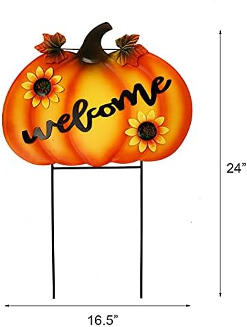 Rustic Metal Pumpkin Garden Stakes Standing Outdoor Welcome Signs Home Decorations Metal Pumpkins Yard Outdoors for Fall Harvest Decor Thanksgiving Halloween Lawn Decorations-24''H
