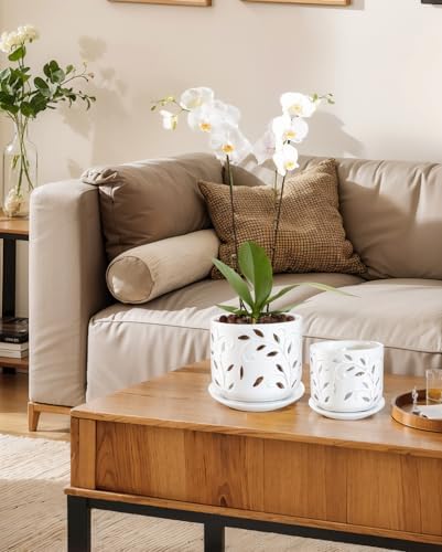 BUYMAX 5&6in Ceramic Orchid Pots with Holes&Saucers Root Care Planter