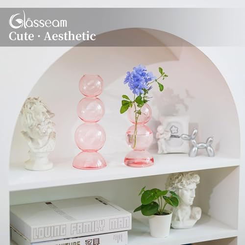 Glasseam Pink Glass Bubble Vase, Set of 2 Cute Ball Bud Vases for Flowers