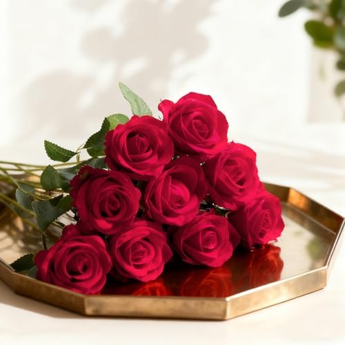 100Pcs Red Roses Artificial Flowers with Stems，Fake Roses Bouquet Fake Flowers Bulk，Silk Velvet Roses for Wedding Centerpieces Arrangement Baby Shower Birthday Home Decor Gifts