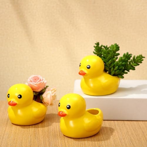Sieral 3 Pcs Yellow Duck Shaped Ceramic Planter Duck Flower Vase Cute Cartoon Animal Flower Planter Pots for Indoor/Outdoor Gardens Decoration Home and Nursery Decor