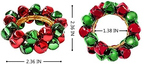 Christmas Napkin Rings Set of 8, Bells Napkin Rings with Green and Red Bell Gold Buckles for Table Decor, Weddings, Parties