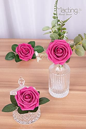 MACTING 30PCS Hot Pink Artificial Roses with Stems, Real Touch Foam Flowers