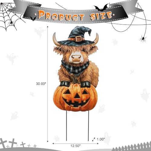 Glitzhome 30" Halloween Decorations Outdoor – Metal Highland Cow Yard Stake Wearing Witch Hat & Plaid Bandana, Handcrafted Iron Painted Lawn Ornament for Garden, Grave or Pathway
