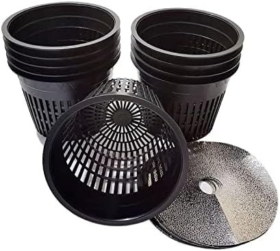 HORTIPOTS 5 Inch Net Pots Raised Center Bottom Mesh Side Wide Rim Round Cup with Free Reflective Top Lids for