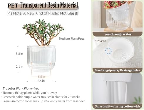 Melphoe Self Watering Pots for Indoor Plants Planter, 6.5 Inch 2 Pack Planters Self Watering Plant Pots for Flower, Houseplants, Succulent, African Violets and Cactus with Drainage