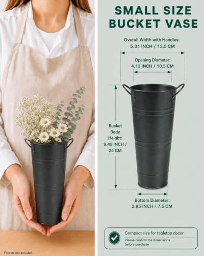 9 Inch Galvanized Flower Bucket, 2 Pack Tabletop Vases for Dried Flowers