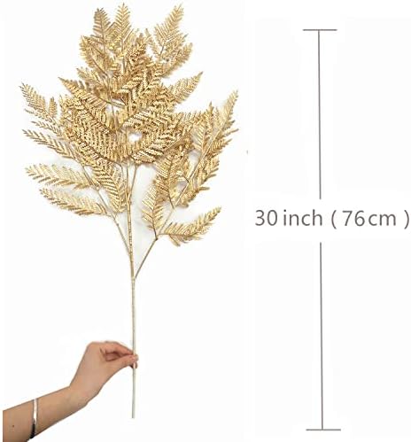 Artificial Plants Christmas Decor, PASYOU Gold Fern Fake Flowers Shrubs Plastic Grass Leaves Indoor Outdoor Home Garden Hotel Verandah Wedding Party Event Faux DIY Decoration, 30 Inch Golden 2 Bunches