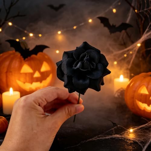 RONYOUNG 55PCS Artificial Mini Roses with Stems, Silk Fake Flower Heads, 1.77 Inch, Black, for Wedding, Halloween, Crafts, Home Decor