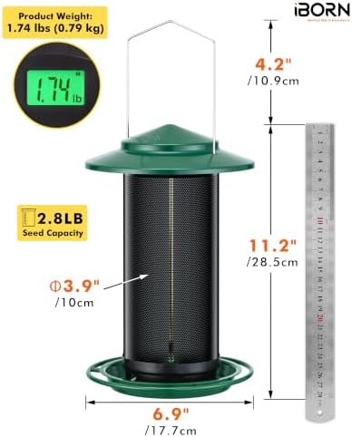 iBorn Bird Feeders for Outdoors, All Metal Mesh Tube, Holding Bird Seed for Outside Feeders,17.7cm Large Roof, Green, 2.8lb(Seed is not Included)