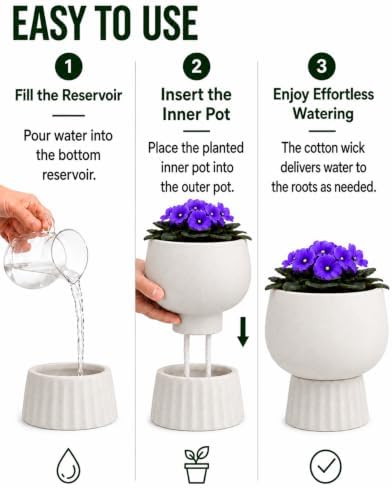 Self Watering Pots for Indoor Plants, 6 Inch Ceramic African Violet Pot