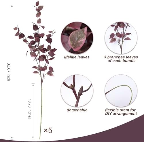 HyeFlora 5PCS Artificial Fall Eucalyptus Leaves Stem Plants, 32.7 inch Fake Leaves Autumn Greenery Branches Burgundy Shrubs Silk Faux Foliage DIY Stems for Thanksgiving Festival Home Kitchen Farmhouse