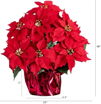 Nearly Natural 19 in Artificial Lush Red Poinsettia in Wrapped Planter