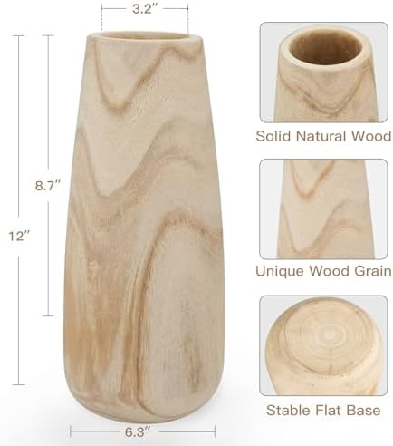 Natural Wood Vase for Dried Flowers – 12 Inch Decorative Table Vase