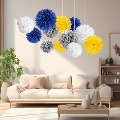 20 PCS Tissue Paper Pom Poms, Tissue Pom Poms Flowers, Sizes of 6", 10", 12", 14" Hanging Paper Flower Ball for Wedding, Birthday, Graduation, Baby Shower Party Decor (Yellow White Silver Blue)