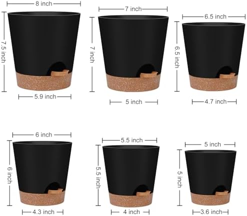 YNNICO Indoor Self Watering Planters with Drainage Holes and Saucers, 8, 7, 6.5, 6, 5.5, 5 Inches, Black, 6 Pots (Pack of 2)