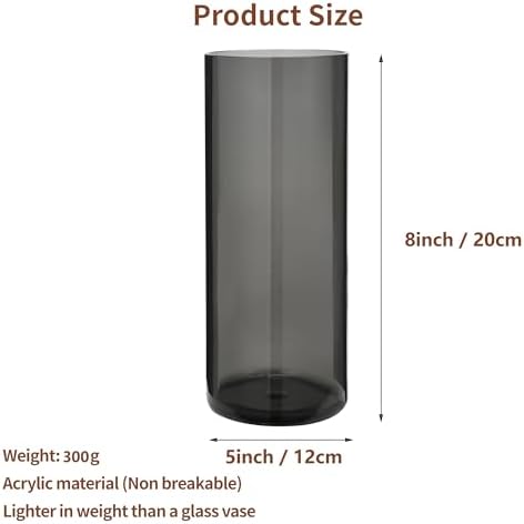 Flower Vase, Non-breakable Vases, 5" W x 8" H, Acrylic Grey Vase, Aesthetic Room Decor Cylindrical Modern Flower Vases for Table Centerpiece, Home Decor, Women Floral Arrangement Gift